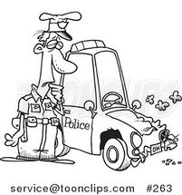 Cartoon Coloring Page Line Art of a Patrol Officer Staring at His Beat up Car by Toonaday