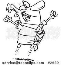 Cartoon Black and White Line Drawing of a Joyful Business Man Jumping by Toonaday