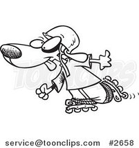 Cartoon Black and White Line Drawing of a Dog Roller Blading by Toonaday