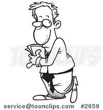 Cartoon Black and White Line Drawing of an Introverted Business Man Hiding Papers by Toonaday