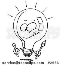 Cartoon Black and White Line Drawing of an Innovative Light Bulb by Toonaday