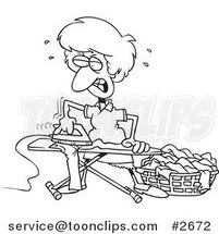 Cartoon Black and White Line Drawing of a Mad Housewife Ironing Clothes by Toonaday