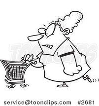 Cartoon Black and White Line Drawing of a Grumpy Lady Grocery Shopping by Toonaday