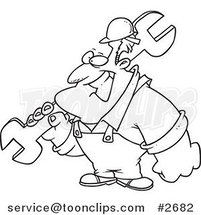 Cartoon Black and White Line Drawing of a Strong Builder Carrying a Wrench by Toonaday