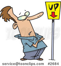 Cartoon Guy Looking at an up Sign Pointing down by Toonaday