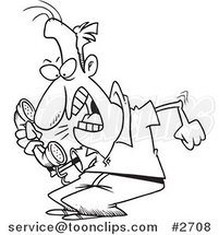 Cartoon Black and White Line Drawing of an Irate Guy Screaming into a Phone by Toonaday