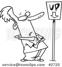 Cartoon Black and White Line Drawing of a Guy Looking at an up Sign Pointing down by Toonaday