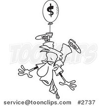 Cartoon Black and White Line Drawing of a Business Man Suspended from an Inflation Balloon by Toonaday