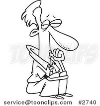 Cartoon Black and White Line Drawing of a Business Man Sucking His Thumb by Toonaday