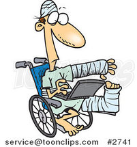 Cartoon Injured Guy Using a Laptop in a Wheelchair by Toonaday