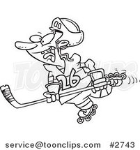 Cartoon Black and White Line Drawing of a Hockey Player Skating by Toonaday