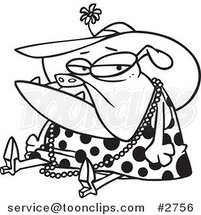 Cartoon Black and White Line Drawing of a Grumpy Bulldog Dressed in Lady Clothes by Toonaday