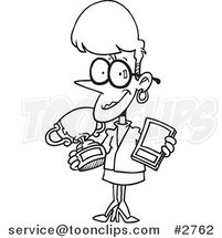 Cartoon Black and White Line Drawing of a Proud Business Woman Showing Her Awards by Toonaday
