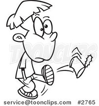 Cartoon Black and White Line Drawing of a Boy Kicking a Can by Toonaday