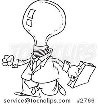 Cartoon Black and White Line Drawing of a Light Bulb Headed Business Man by Toonaday