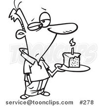 Cartoon Coloring Page Line Art of a Grumpy Birthday Guy Holding a Slice of Cake by Toonaday