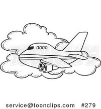 Cartoon Coloring Page Line Art of a Commercial Airliner Passing a Cloud in Flight by Toonaday