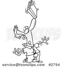 Cartoon Black and White Line Drawing of an Idle Business Man Balancing a Briefcase on His Nose by Toonaday