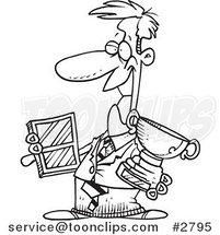 Cartoon Black and White Line Drawing of a Business Man Holding His Awards by Toonaday