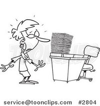 Cartoon Black and White Line Drawing of a Business Woman with a Piled Inbox by Toonaday