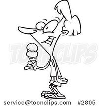 Cartoon Black and White Line Drawing of a Lady Holding Ice Cream by Toonaday