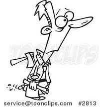 Cartoon Black and White Line Drawing of a Business Man Walking with an Axe in His Back by Toonaday