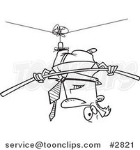 Cartoon Black and White Line Drawing of a Business Man Suspended Upside down from a Tight Rope by Toonaday