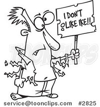 Cartoon Black and White Line Drawing of a Guy Holding an I Dont like Ike Sign by Toonaday