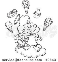 Cartoon Black and White Line Drawing of a Girl in Heaven with Ice Cream by Toonaday