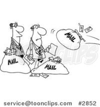 Cartoon Black and White Line Drawing of Business Men and Incoming Mail by Toonaday