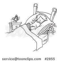 Cartoon Black and White Line Drawing of a Guy Ready to Beat an Alarm Clock with a Hammer by Toonaday