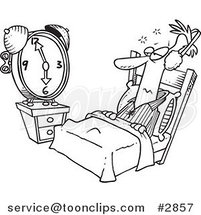 Cartoon Black and White Line Drawing of a Guy Tuning out an Alarm Clock with Ear Muffs by Toonaday