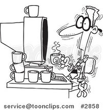 Cartoon Black and White Line Drawing of a Jittery Business Man Drinking Another Cup of Coffee at a Computer by Toonaday