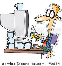 Cartoon Jittery Business Man Drinking Another Cup of Coffee at a Computer by Toonaday