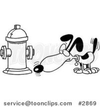Cartoon Black and White Line Drawing of a Dog Anticipating Relieving Himself on a Hydrant by Toonaday