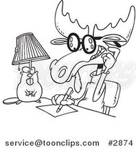 Cartoon Black and White Line Drawing of a Moose Writing an Anonymous Letter by Toonaday