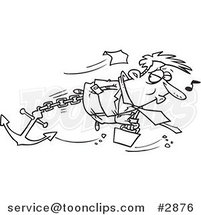 Cartoon Black and White Line Drawing of a Business Man Sinking with an Anchor by Toonaday