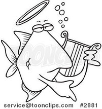 Cartoon Black and White Line Drawing of an Angelfish Playing a Lyre by Toonaday