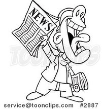 Cartoon Black and White Line Drawing of a News Boy Yelling an Announcement by Toonaday