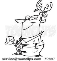 Cartoon Black and White Line Drawing of a Christmas Business Man Wearing Antlers by Toonaday