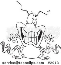 Cartoon Black and White Line Drawing of a Grinning Alien by Toonaday