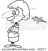 Cartoon Black and White Line Drawing of a Paper Plane Annoying a Business Woman by Toonaday