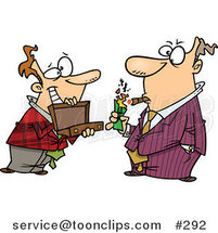 Cartoon Guy Holding a Briefcase Open for His Boss As He Lights a Cigar with Cash by Toonaday