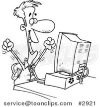 Cartoon Black and White Line Drawing of a Happy Business Man Working on a Computer by Toonaday