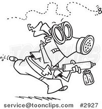 Cartoon Black and White Line Drawing of a Guy Chasing down an Annoying Fly with Bug Spray by Toonaday