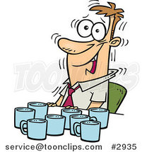 Cartoon Jittery Business Man with Coffee Cups at a Table by Toonaday