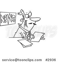 Cartoon Black and White Line Drawing of a News Anchorman Reading by Toonaday