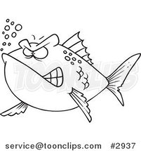 Cartoon Black and White Line Drawing of a Mad Fish by Toonaday