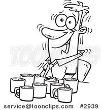 Cartoon Black and White Line Drawing of a Jittery Business Man with Coffee Cups at a Table by Toonaday