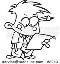 Cartoon Black and White Line Drawing of a Business Boy Analyzing a Document by Toonaday